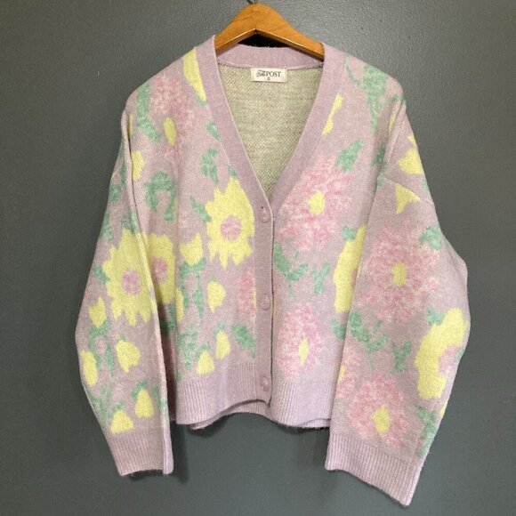 the post Sweaters - The Post Women XL Sweater Pastel Floral Cardigan Librarian Thick Purple Yellow